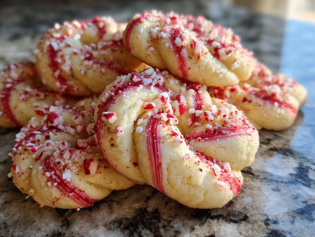 A close-up of a pile of twisted Candy Cane Shortbread Cookies, generously sprinkled with crushed candy cane pieces.