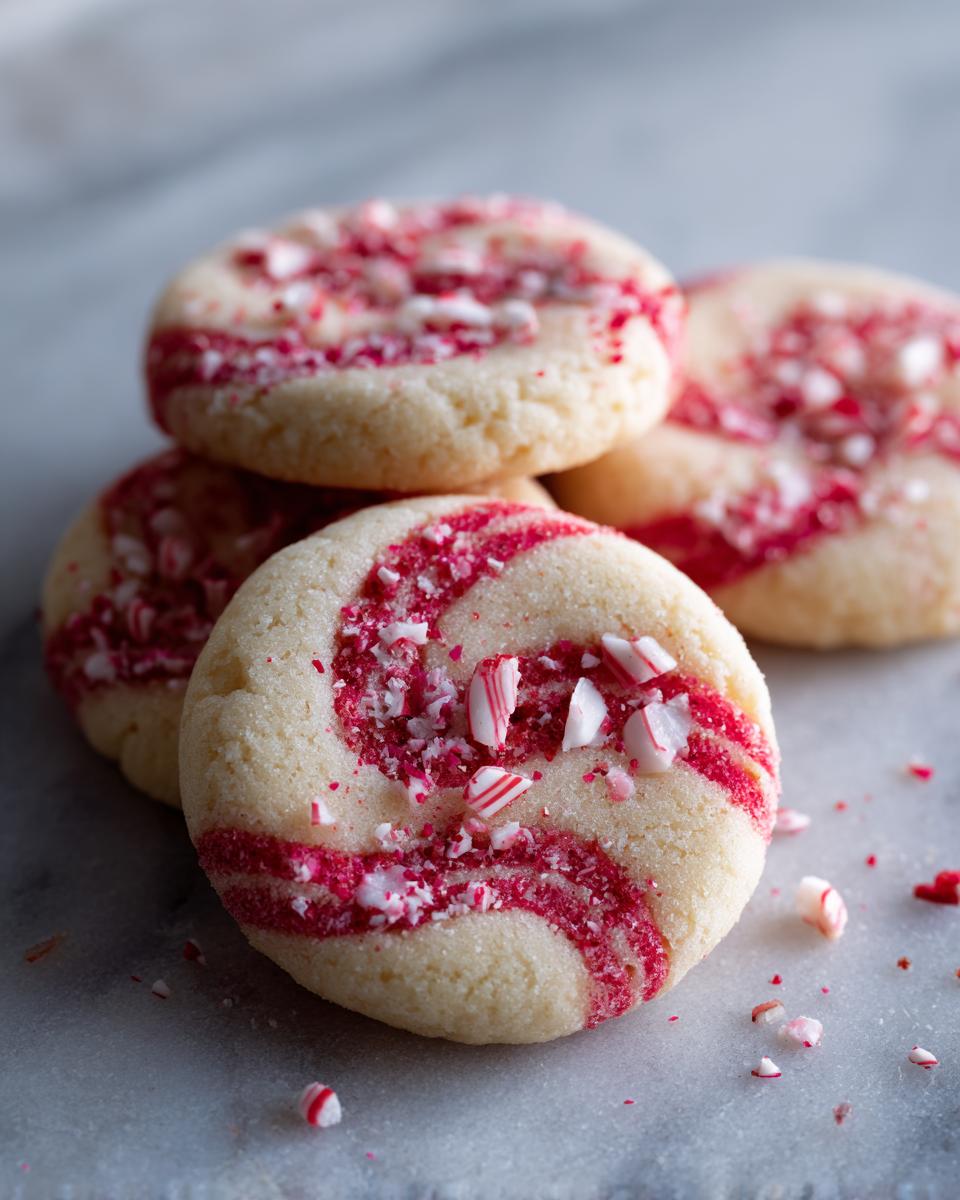 Close-up of festive Candy Cane Shortbread Cookies with red swirls and crushed peppermint pieces.