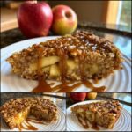 Close-up of a slice of Caramel Apple Cinnamon Oatmeal Bake with caramel drizzle.