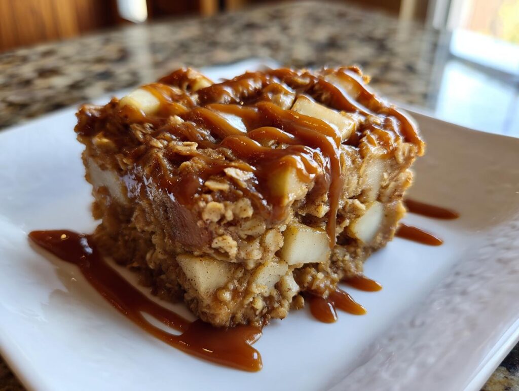 A slice of delicious Caramel Apple Cinnamon Oatmeal Bake drizzled with caramel sauce.