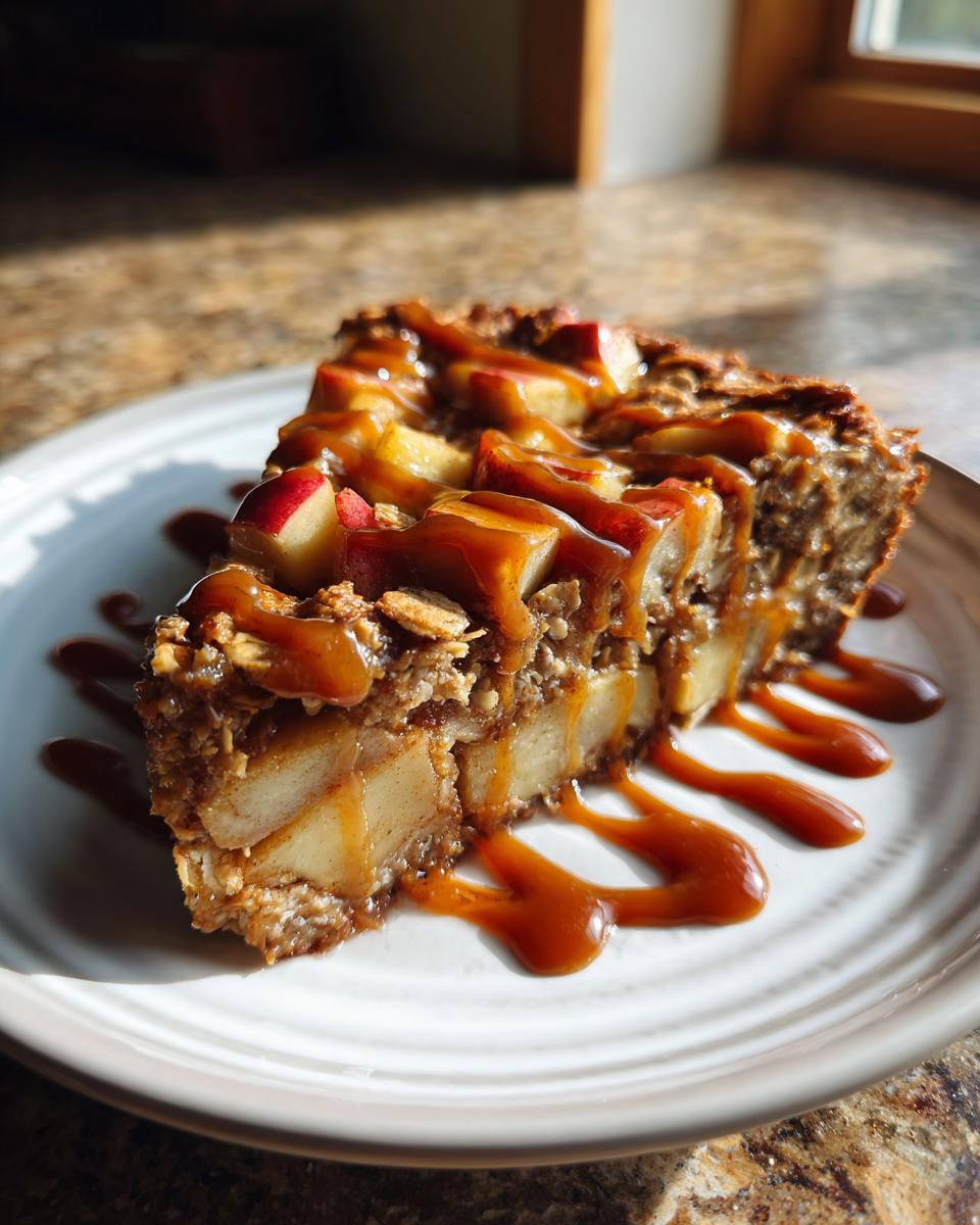 A delicious slice of Caramel Apple Cinnamon Oatmeal Bake drizzled with caramel sauce.