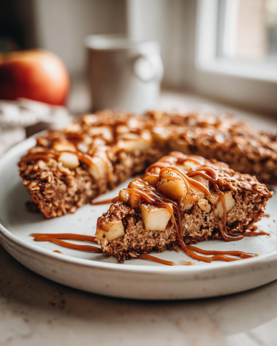 Close-up of a slice of Caramel Apple Cinnamon Oatmeal Bake drizzled with caramel.
