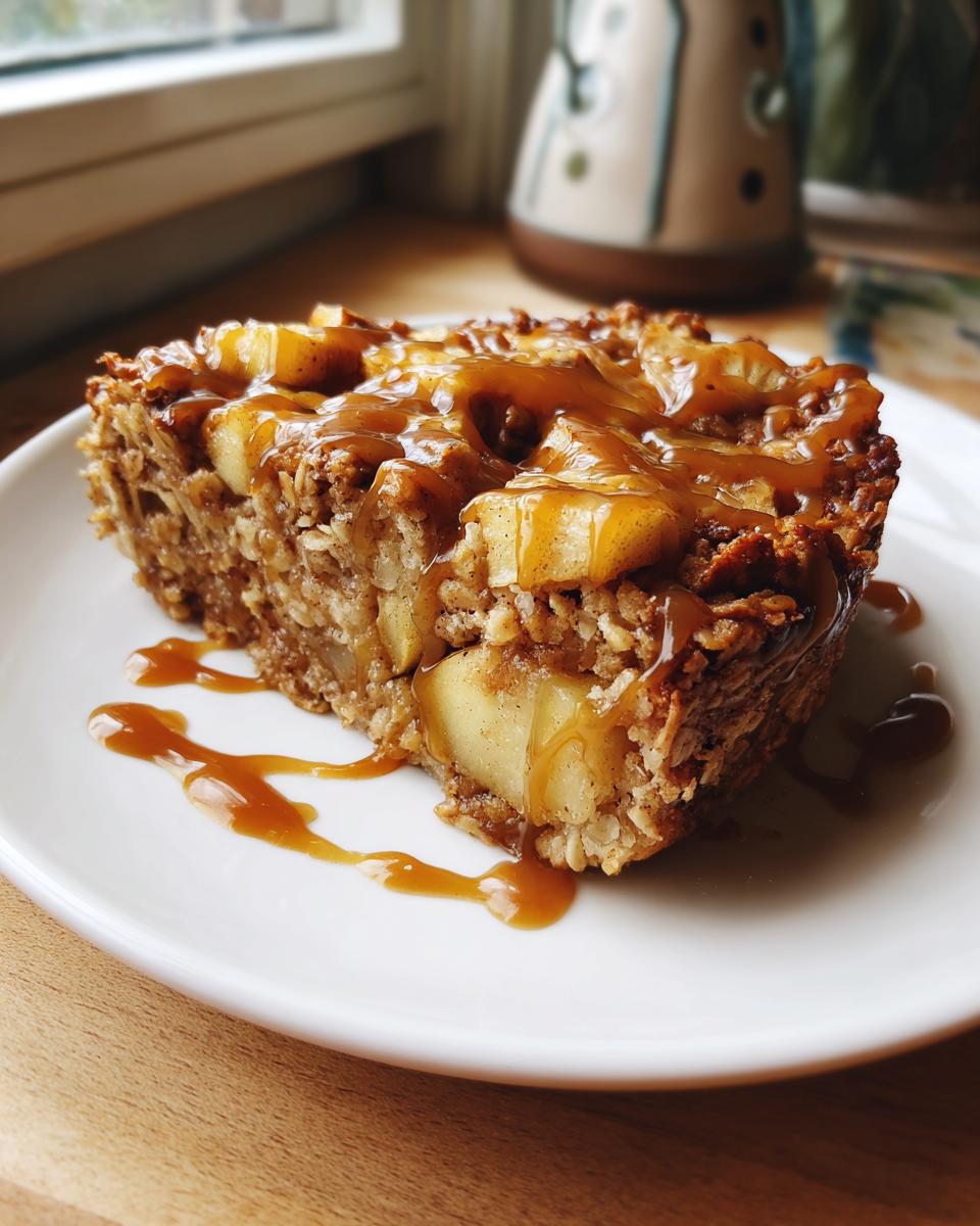 A slice of Caramel Apple Cinnamon Oatmeal Bake drizzled with caramel sauce on a white plate.