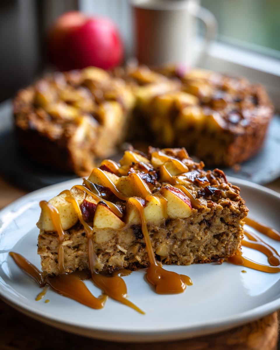 Close-up of a slice of Caramel Apple Cinnamon Oatmeal Bake with caramel drizzle.