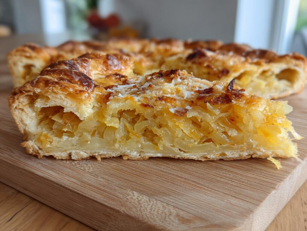 Close-up of a slice of Caramelized Onion Tart on a wooden board, showcasing the flaky crust and onion filling.