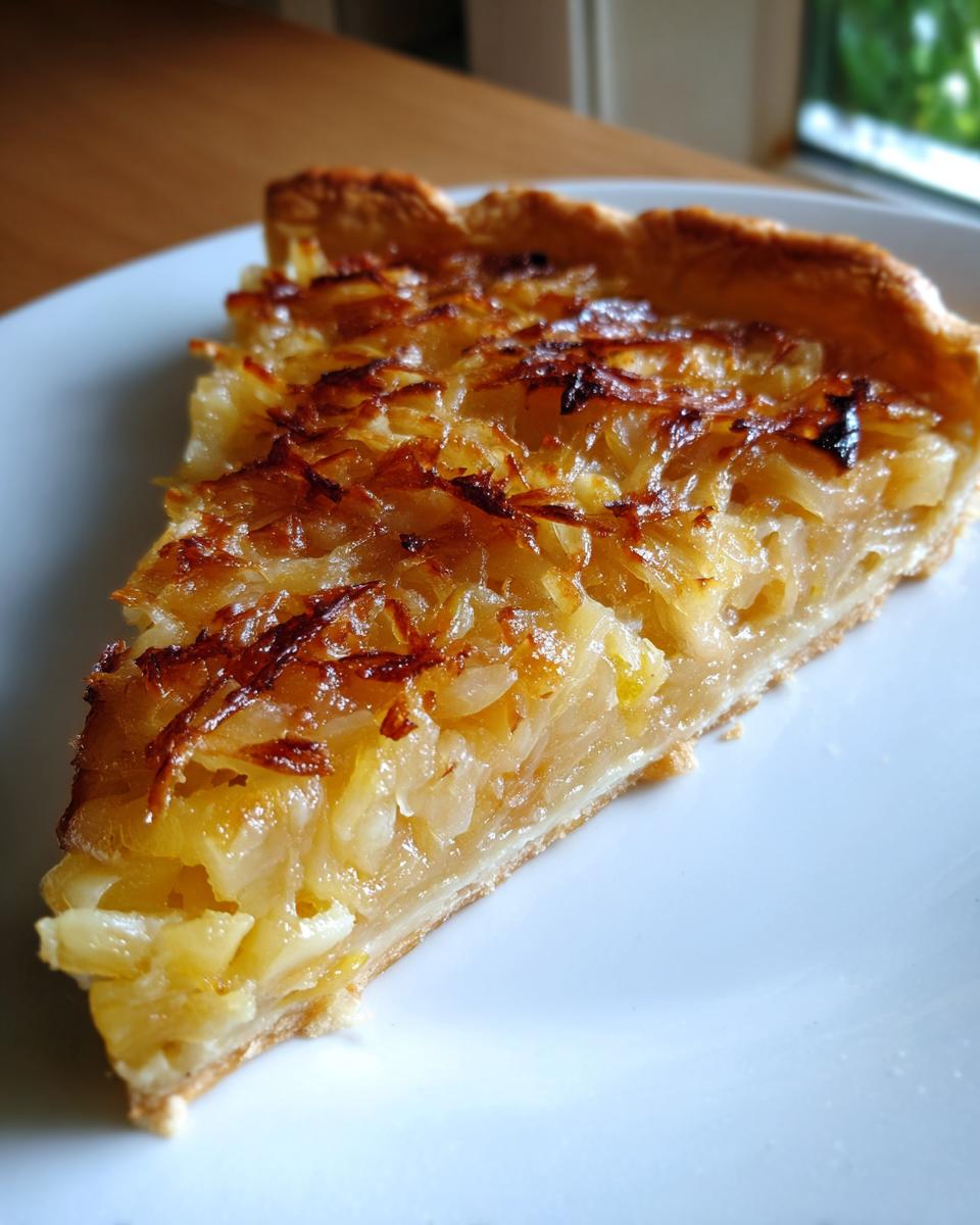 A slice of golden-brown Caramelized Onion Tart on a white plate.