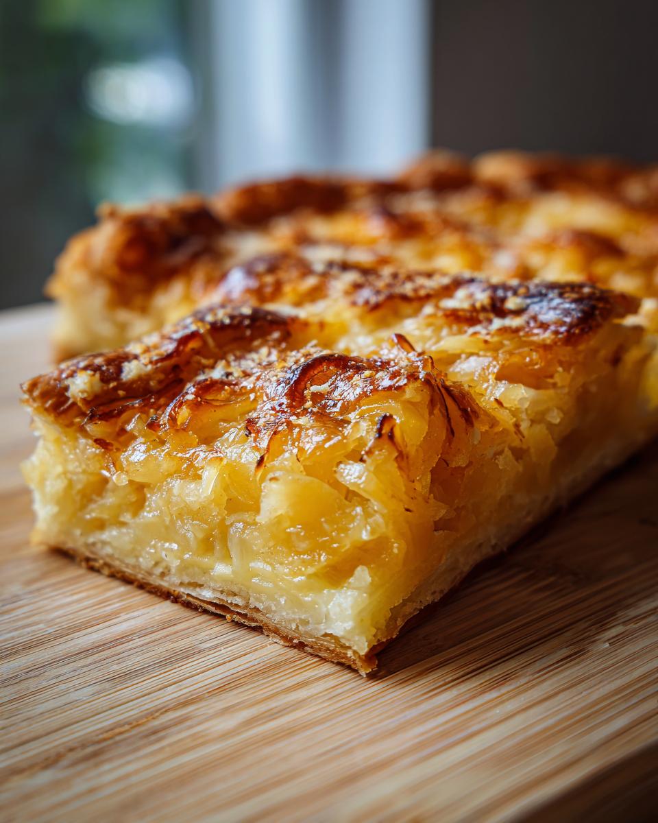 Close-up of a slice of Caramelized Onion Tart on a wooden board, showing the caramelized onions and flaky crust.