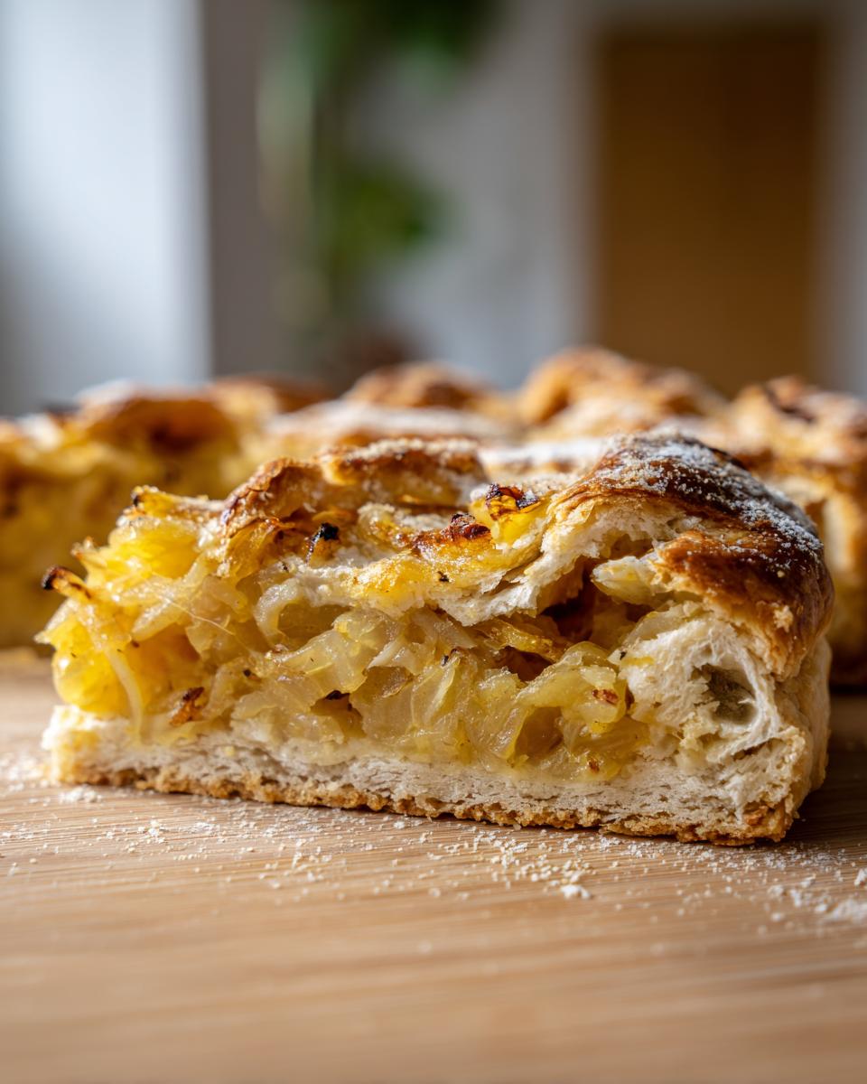 Close-up of a slice of Caramelized Onion Tart, showing the flaky crust and onion filling.