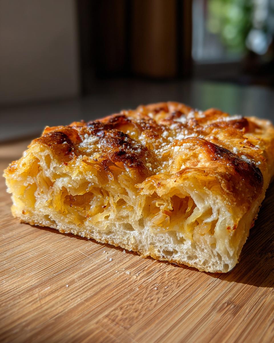 A slice of delicious Caramelized Onion Tart on a wooden surface, showing the layers of filling and crust.