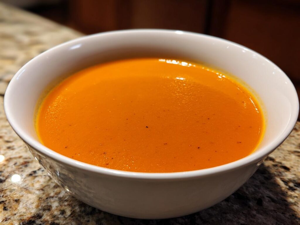 A bowl of vibrant orange Carrot Ginger Detox Soup, a healthy and delicious recipe.