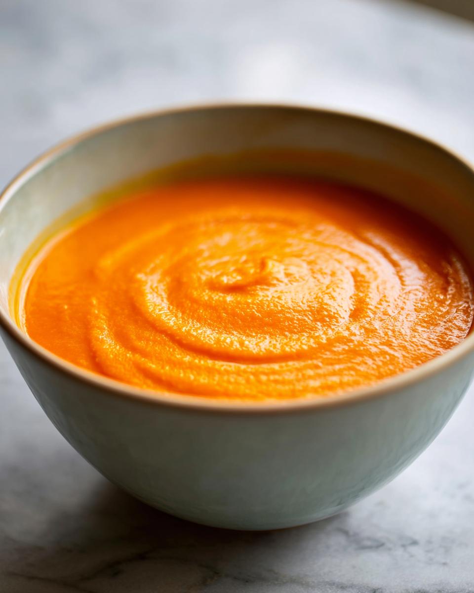 Close-up of a bowl filled with smooth Carrot Ginger Detox Soup, a healthy and vibrant orange color.
