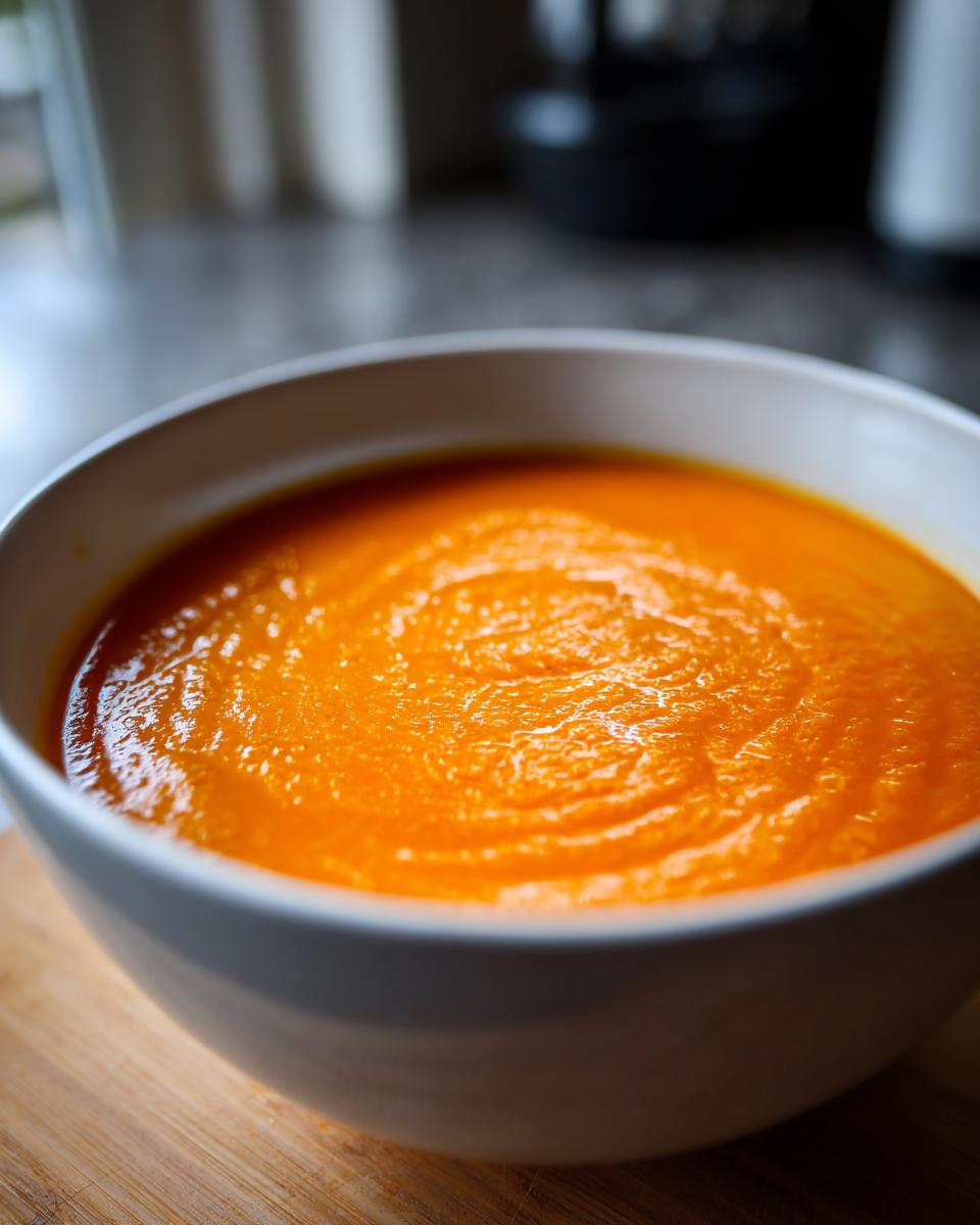Close-up of a bowl of creamy Carrot Ginger Detox Soup, a healthy and vibrant orange soup.