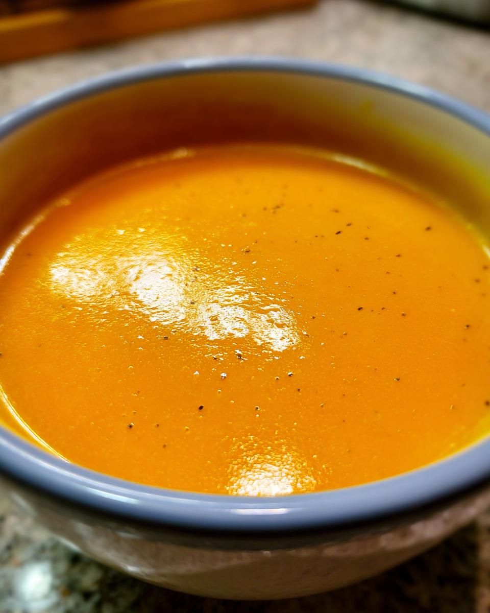 Close-up of a bowl filled with smooth Carrot Ginger Detox Soup. A healthy and vibrant soup.