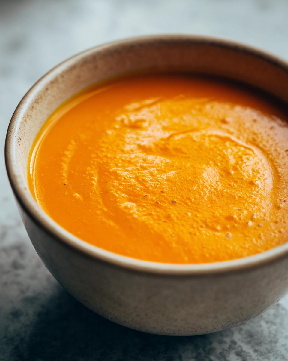 Close-up of a bowl of creamy Carrot Ginger Detox Soup, a healthy and vibrant orange soup.