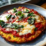 Close-up of a Cauliflower Crust Margherita Flatbread topped with fresh basil.