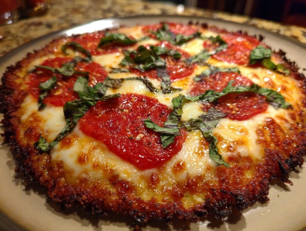 Close-up of a Cauliflower Crust Margherita Flatbread topped with pepperoni and fresh basil.