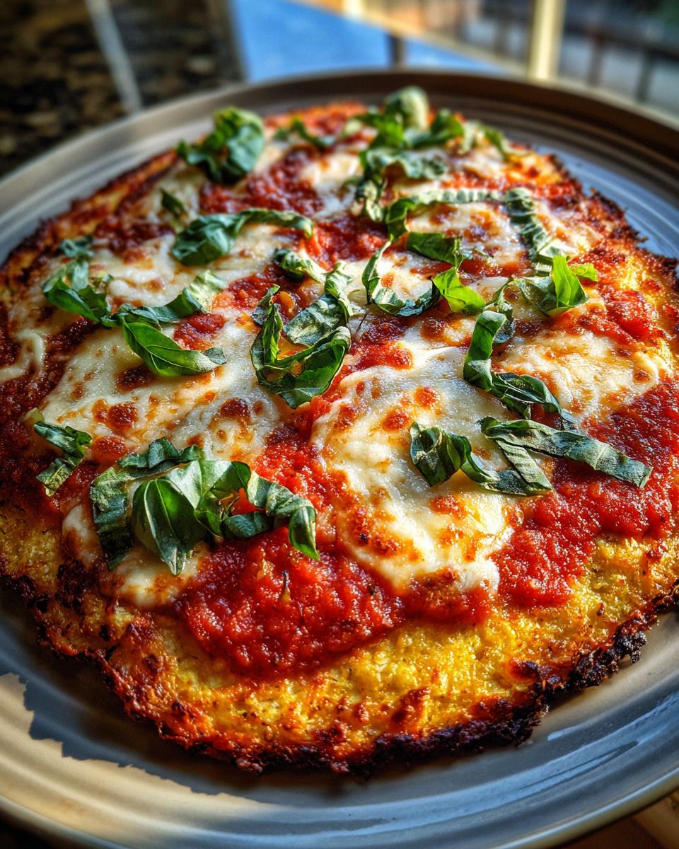 Margherita Cauliflower Crust Flatbread with fresh basil, tomato sauce, and melted cheese.