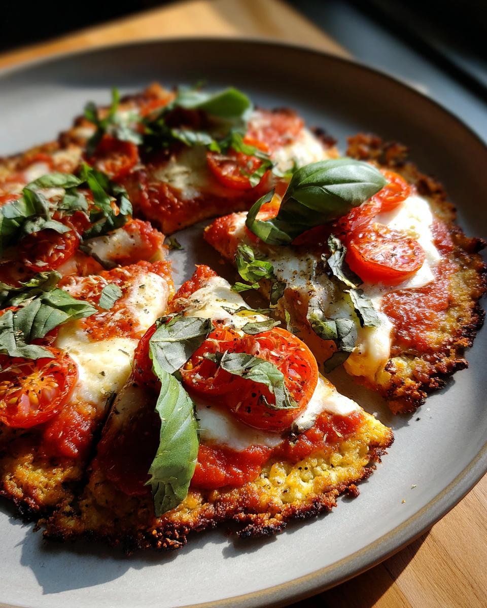 Close-up of a Cauliflower Crust Margherita Flatbread with tomatoes and basil.