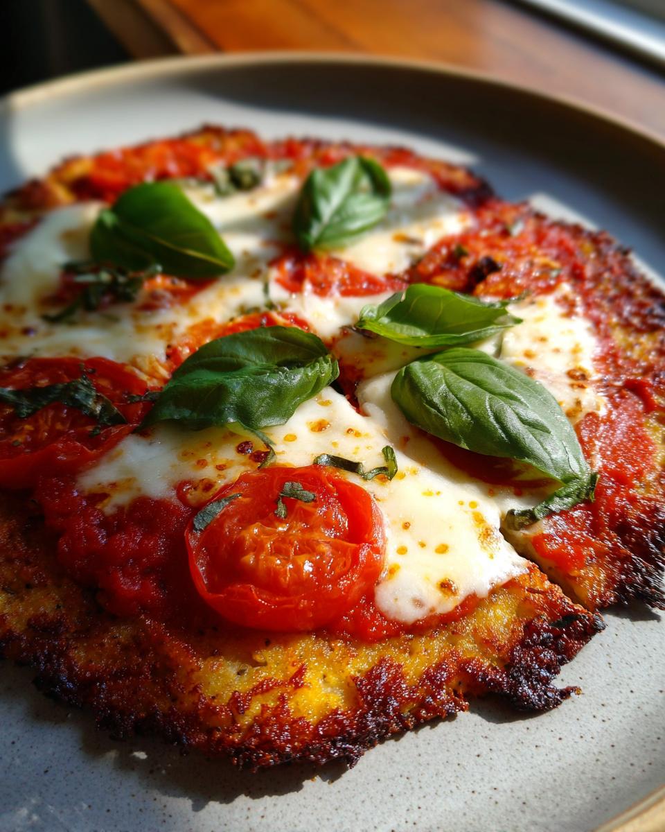 Close-up of a Cauliflower Crust Margherita Flatbread with fresh basil, tomatoes, and mozzarella.
