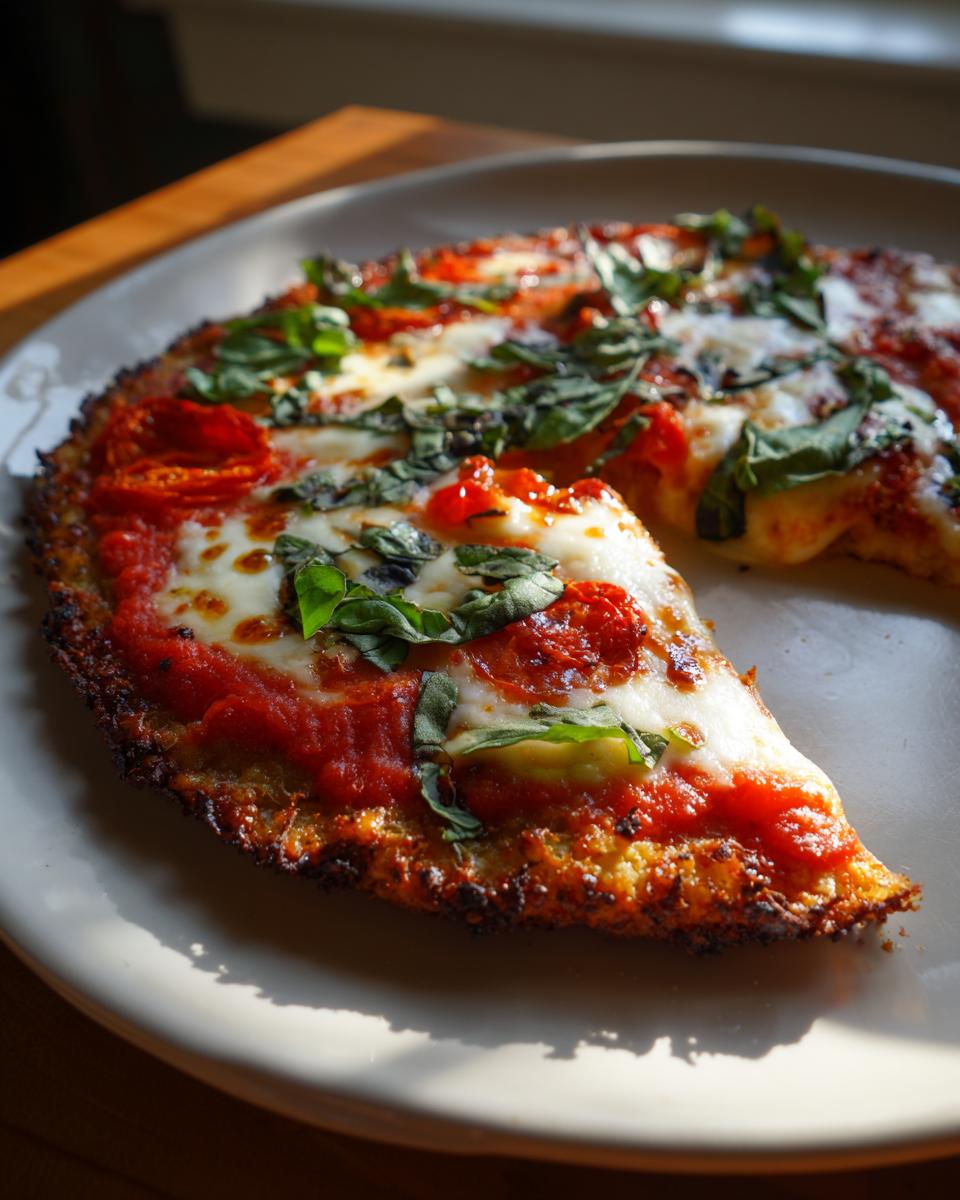 Close-up of a Cauliflower Crust Margherita Flatbread with a slice removed, showing toppings.