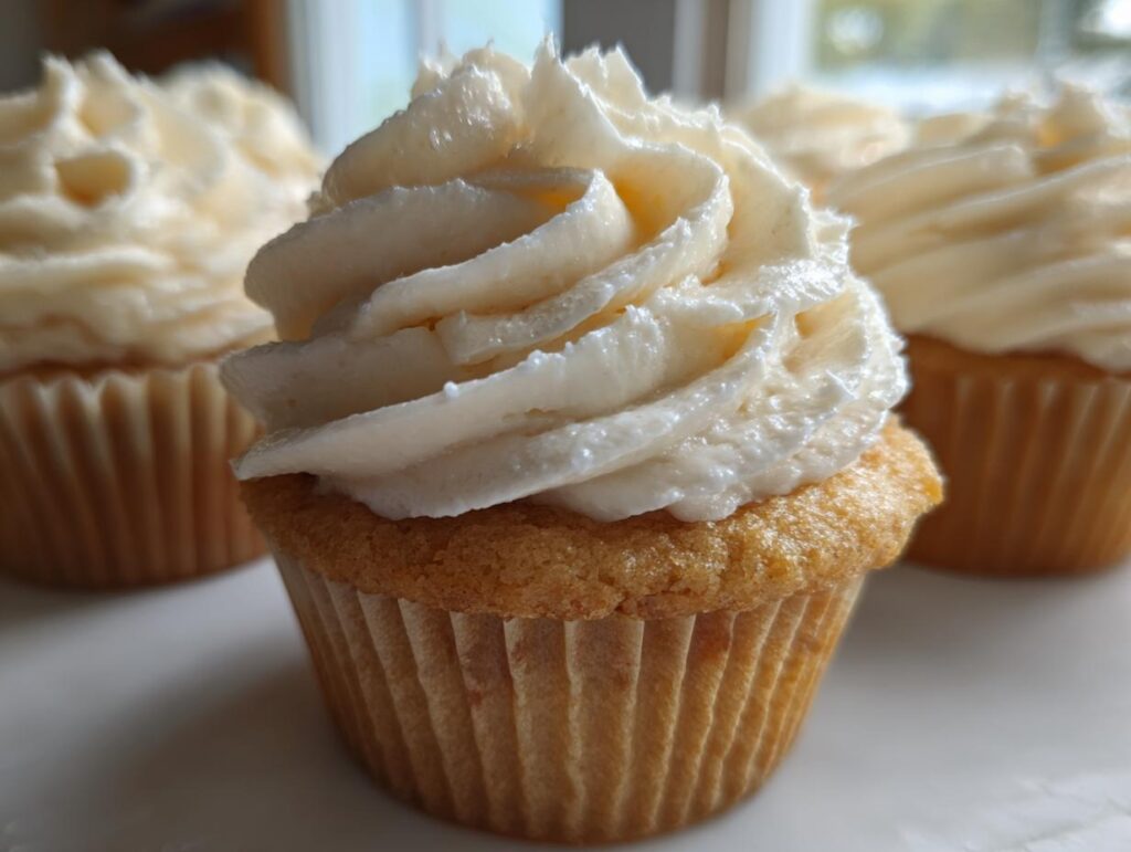 Close-up of a Champagne cupcake topped with swirls of creamy buttercream frosting. Other cupcakes are blurred in the background.