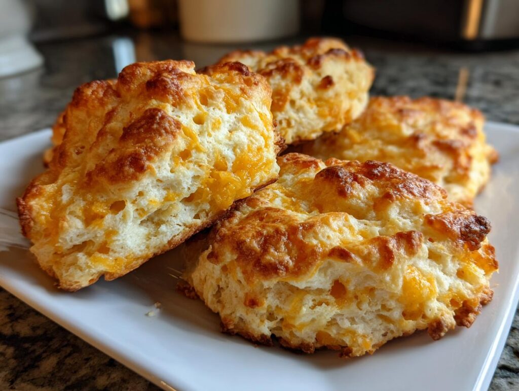 Close-up of freshly baked Cheddar Biscuits on a white plate, showing the golden crust and cheesy interior.