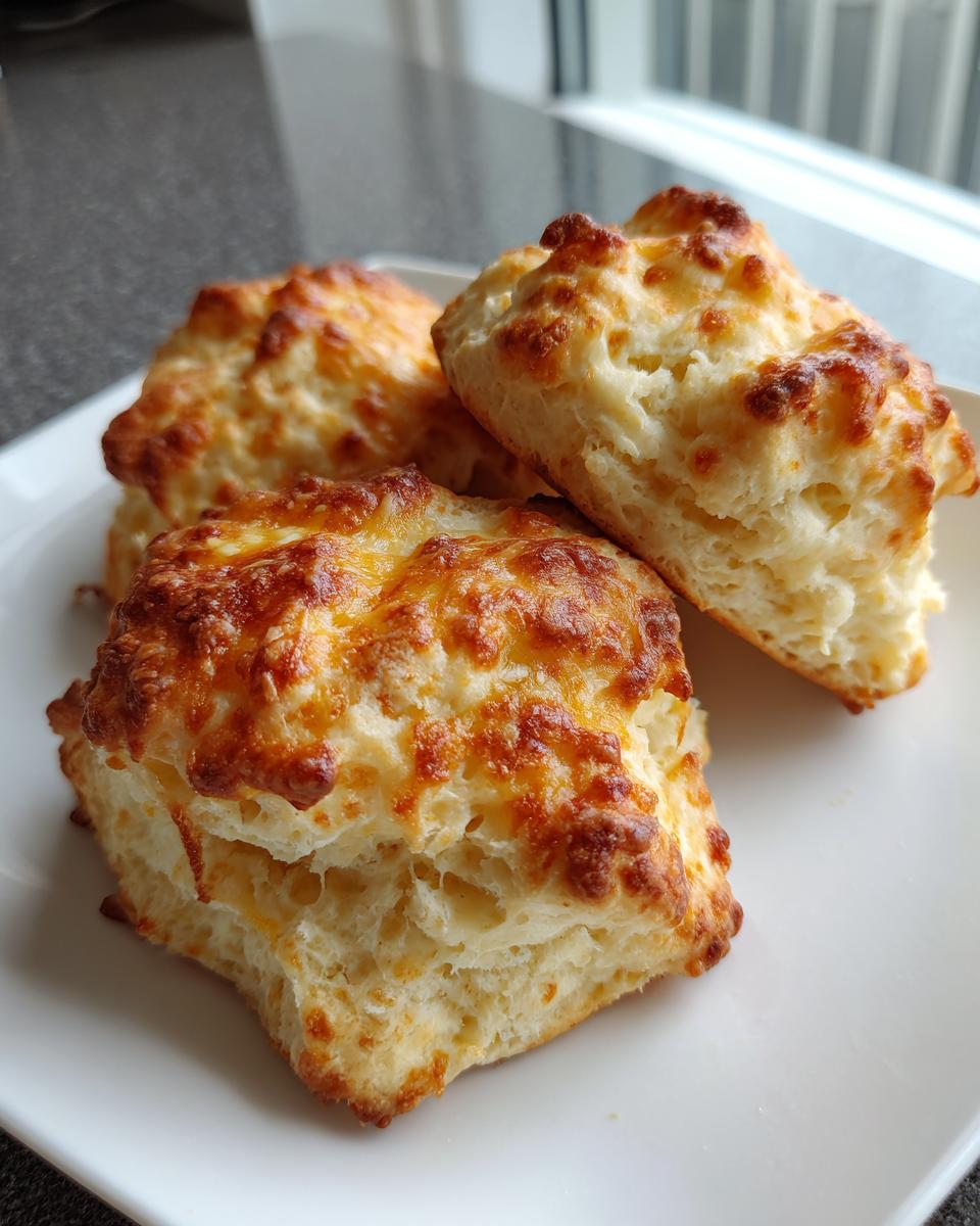 Close-up of three freshly baked Cheddar Biscuits on a white plate, showing golden crust.