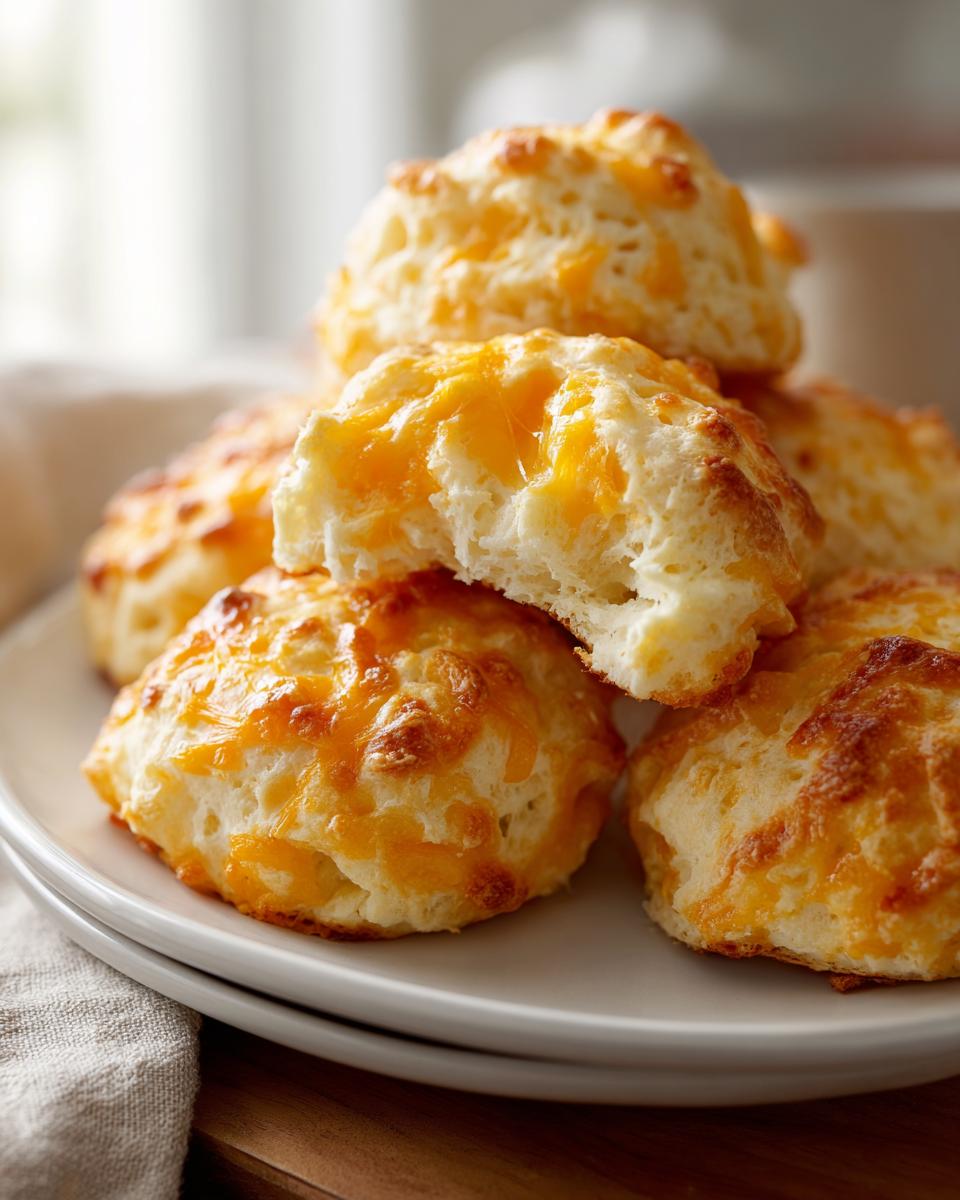 Close-up of a stack of freshly baked Cheddar Biscuits on a white plate, showing the flaky texture and melted cheese.