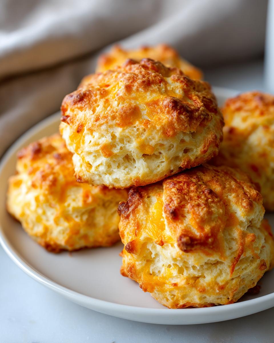 Close-up of golden Cheddar Biscuits stacked on a white plate, showing the flaky texture and cheese.
