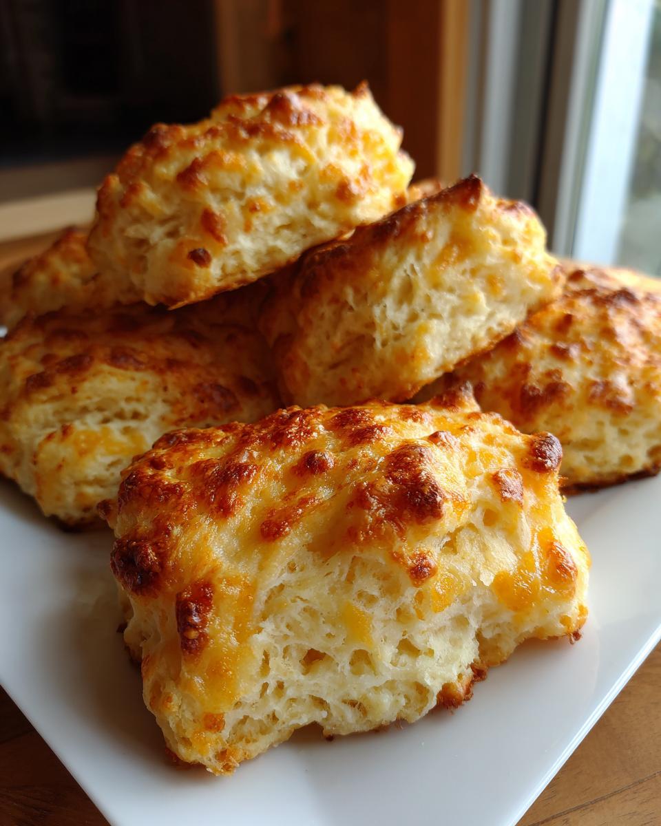 Pile of freshly baked Cheddar Biscuits on a white plate, golden brown and cheesy.