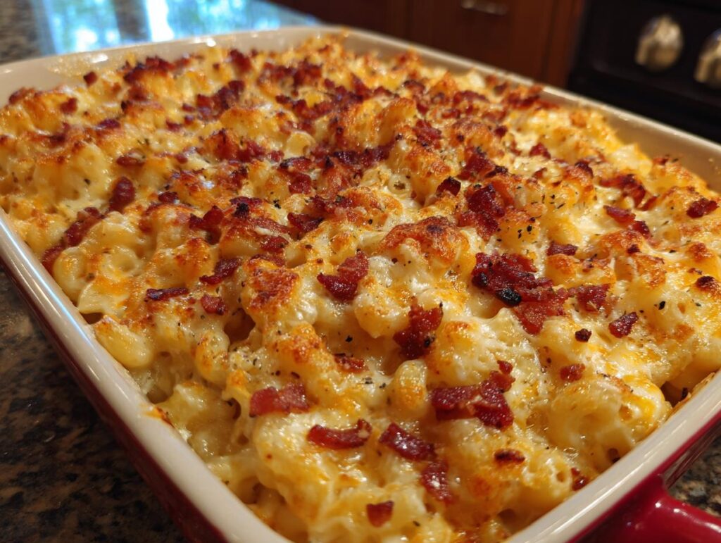 Close-up of a baked Ultimate Cheesy Bacon Mac and Cheese in a red baking dish.
