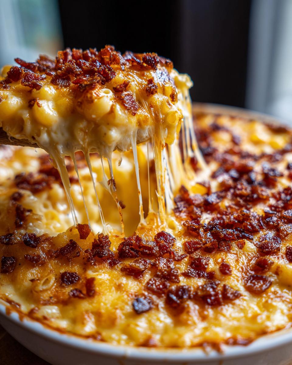 Close-up of Ultimate Cheesy Bacon Mac and Cheese with a cheese pull and crispy bacon topping.