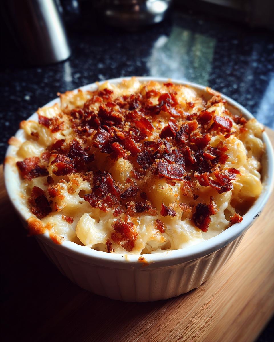 Close-up of Ultimate Cheesy Bacon Mac and Cheese in a white ramekin, topped with crispy bacon.