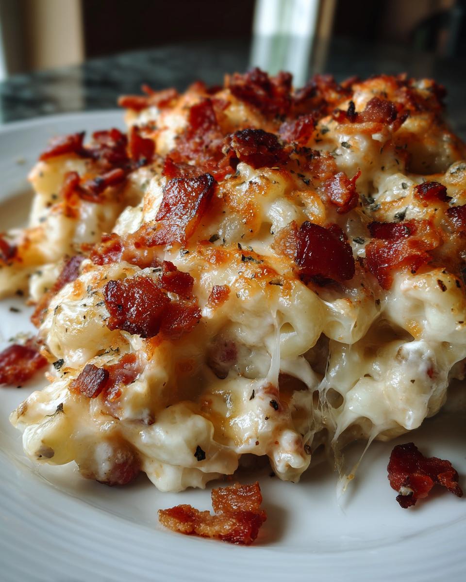 Close-up of a slice of Ultimate Cheesy Bacon Mac and Cheese with crispy bacon topping.