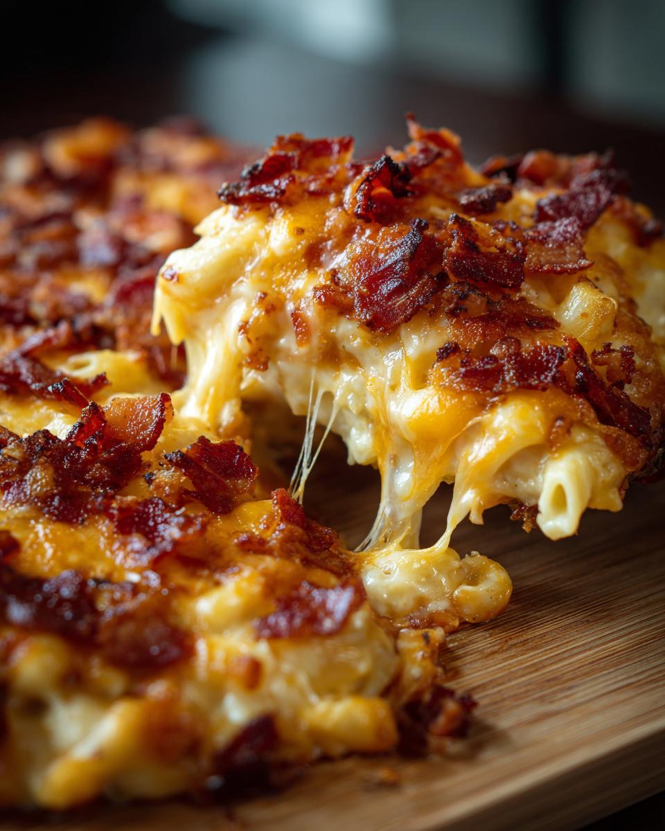 Close-up of a slice of Ultimate Cheesy Bacon Mac and Cheese with melted cheese and crispy bacon.