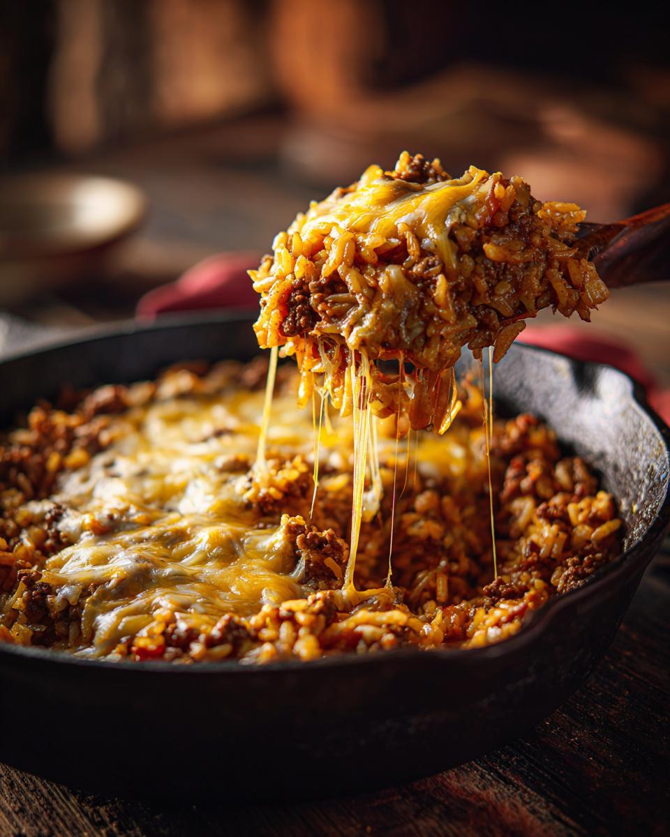 Close-up of a spoonful of One-Pot Cheesy Beef and Rice Skillet with melted cheese, showing the delicious cheese pull.