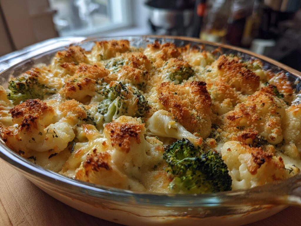 A golden-brown baked Cheesy Broccoli & Cauliflower Casserole in a glass dish, with visible florets and a crunchy topping.