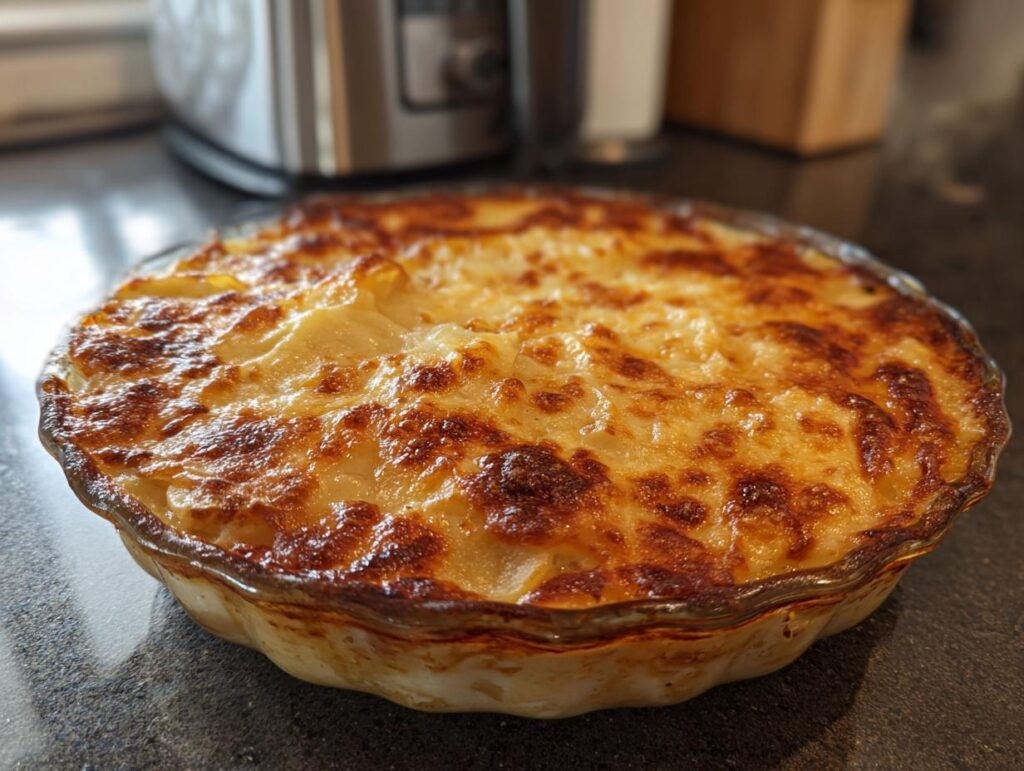 Golden brown baked cheesy scalloped potatoes with a creamy sauce in a glass dish.