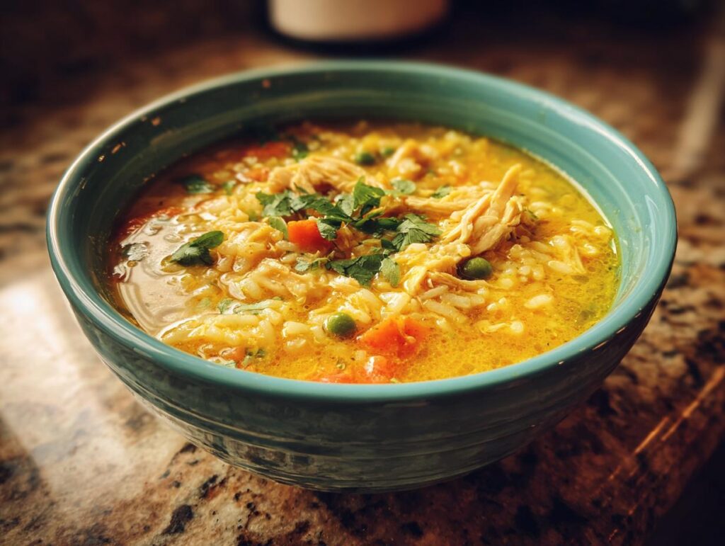 Close-up of a bowl of Chicken & Rice Comfort Soup, garnished with fresh herbs.