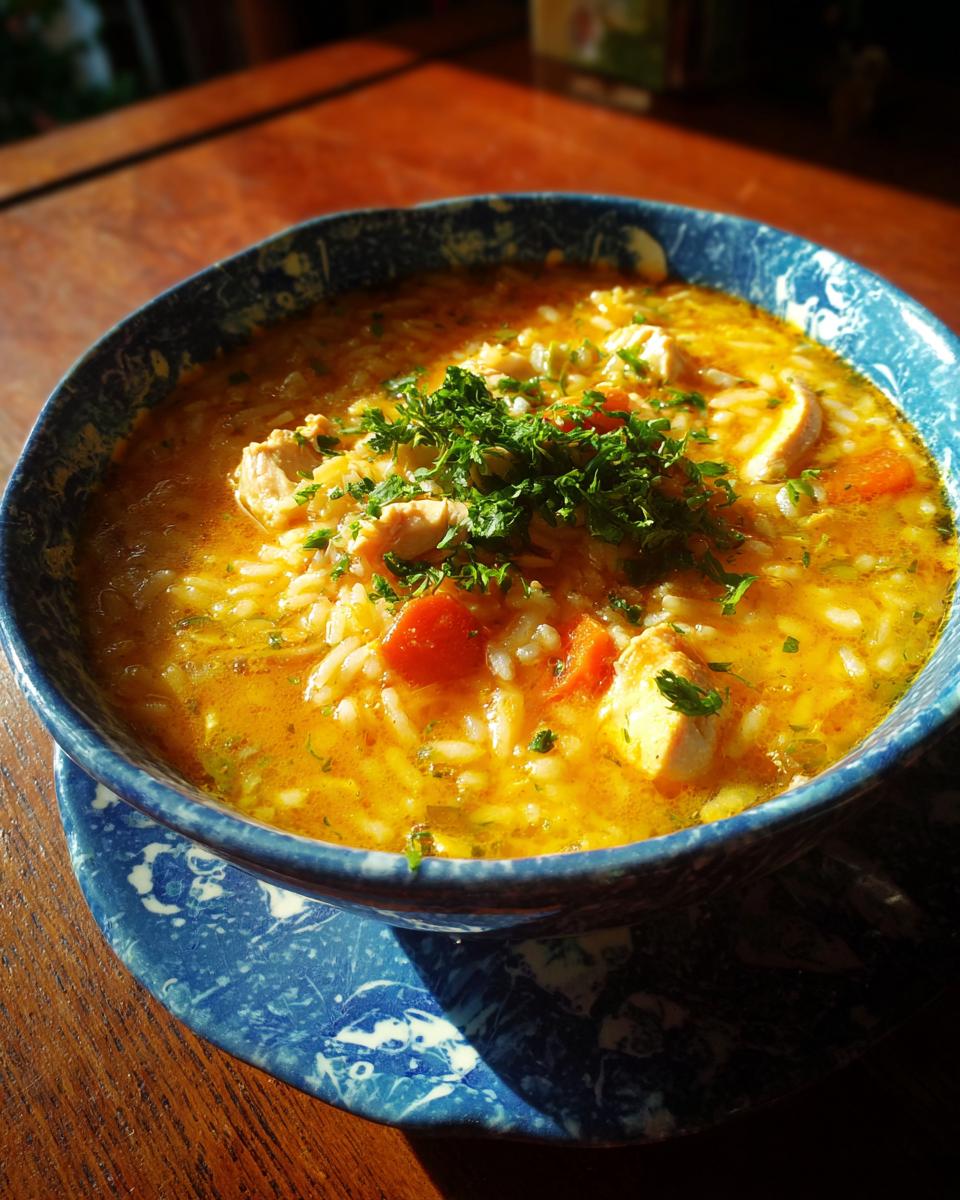 Close-up of a bowl of Chicken & Rice Comfort Soup, garnished with fresh herbs.