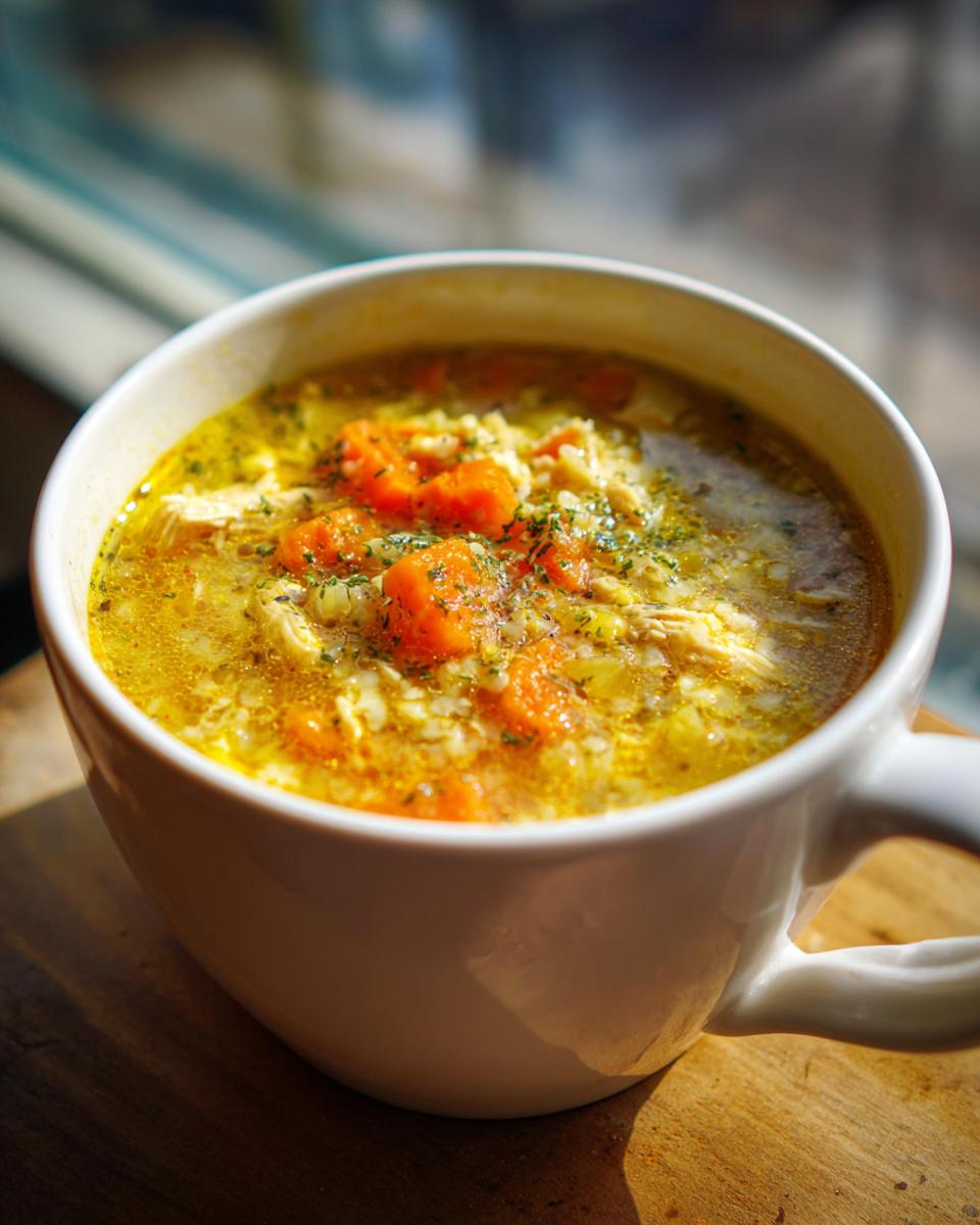 Close-up of a bowl of Chicken & Rice Comfort Soup with carrots and herbs.