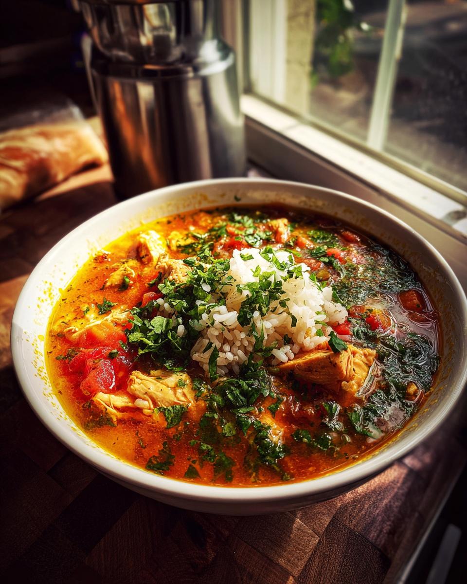 A bowl of Chicken & Rice Comfort Soup, garnished with rice and herbs.