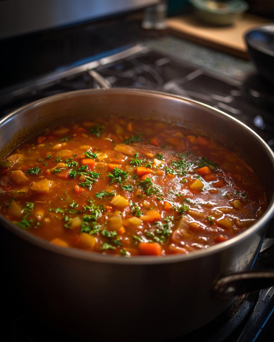 Chicken & Rice Comfort Soup simmering in a pot on the stove, ready to serve.