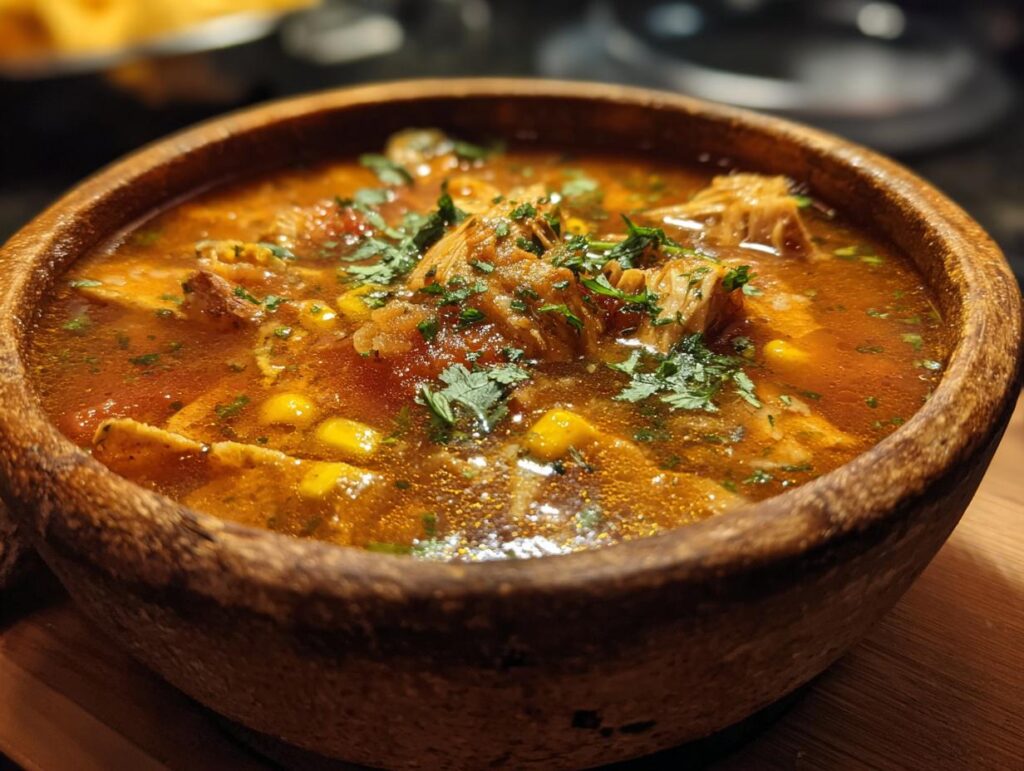 Close-up of a bowl of delicious Chicken Tortilla Soup, garnished with fresh cilantro.