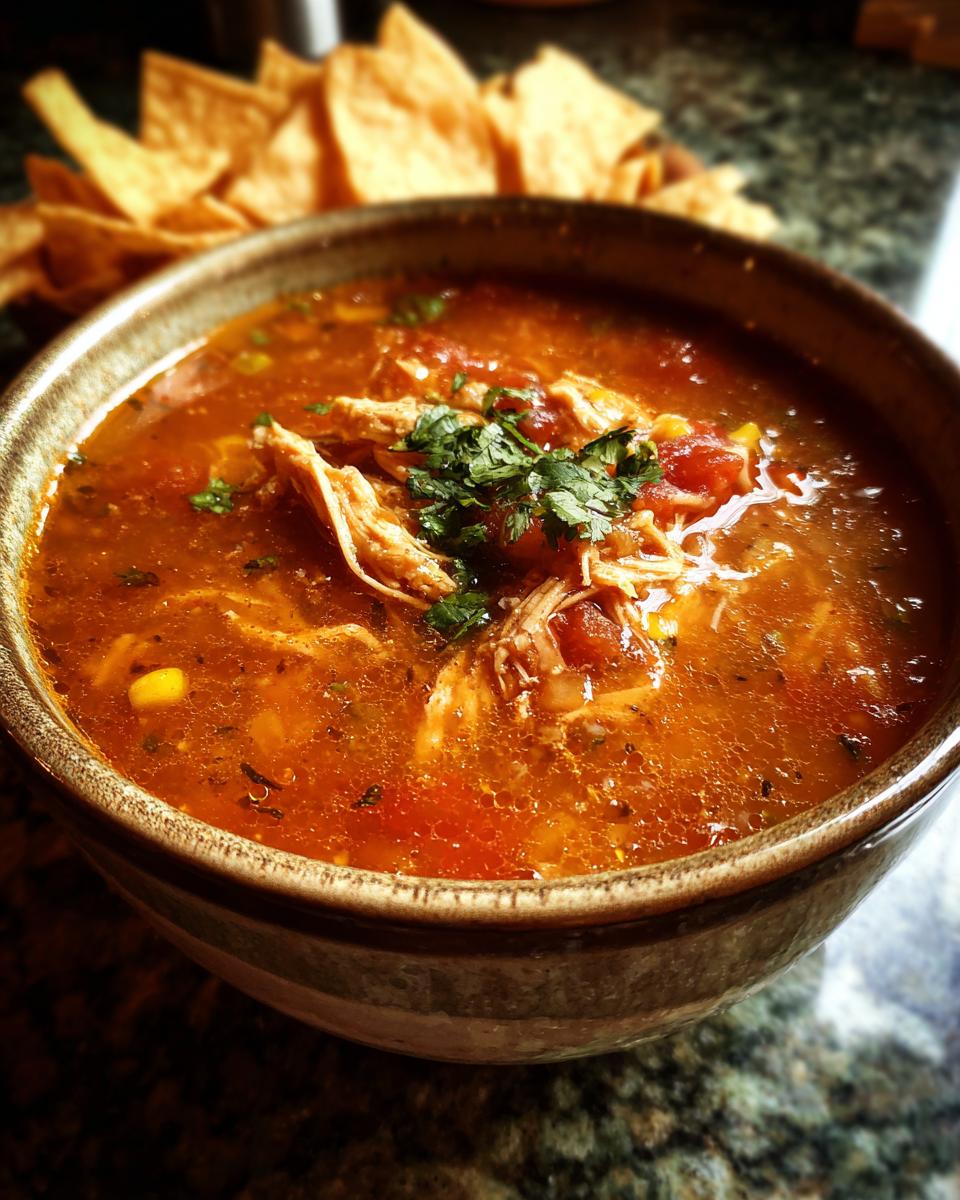 Close-up of a bowl of Chicken Tortilla Soup with shredded chicken and tortilla chips.