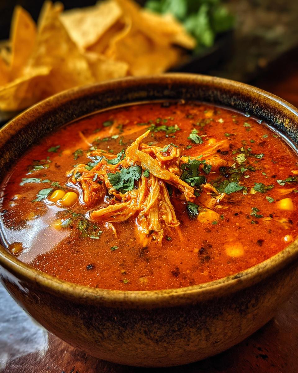 A close-up of a bowl of Chicken Tortilla Soup with shredded chicken and fresh cilantro.