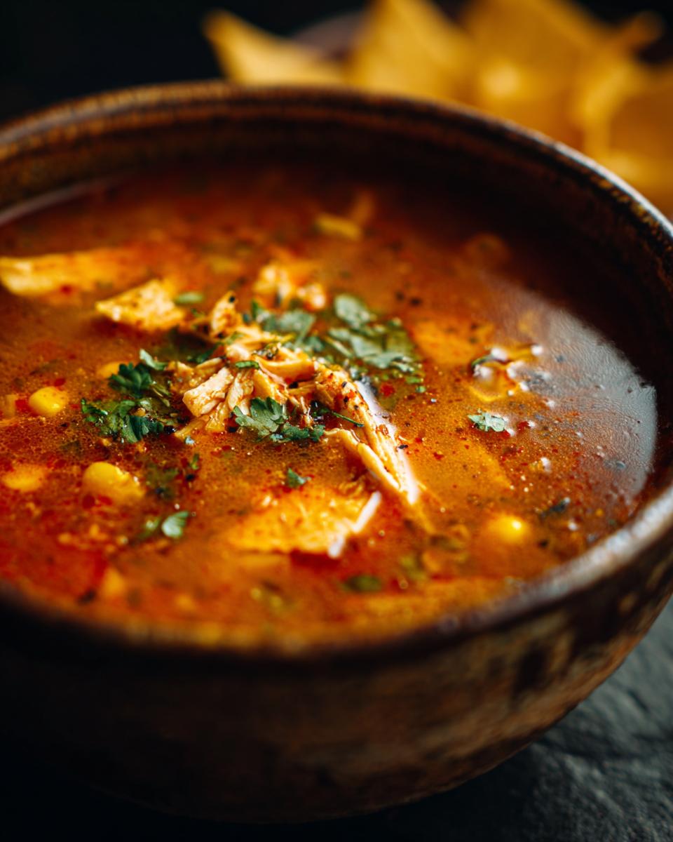 Close-up of a bowl of delicious Chicken Tortilla Soup, garnished with cilantro.
