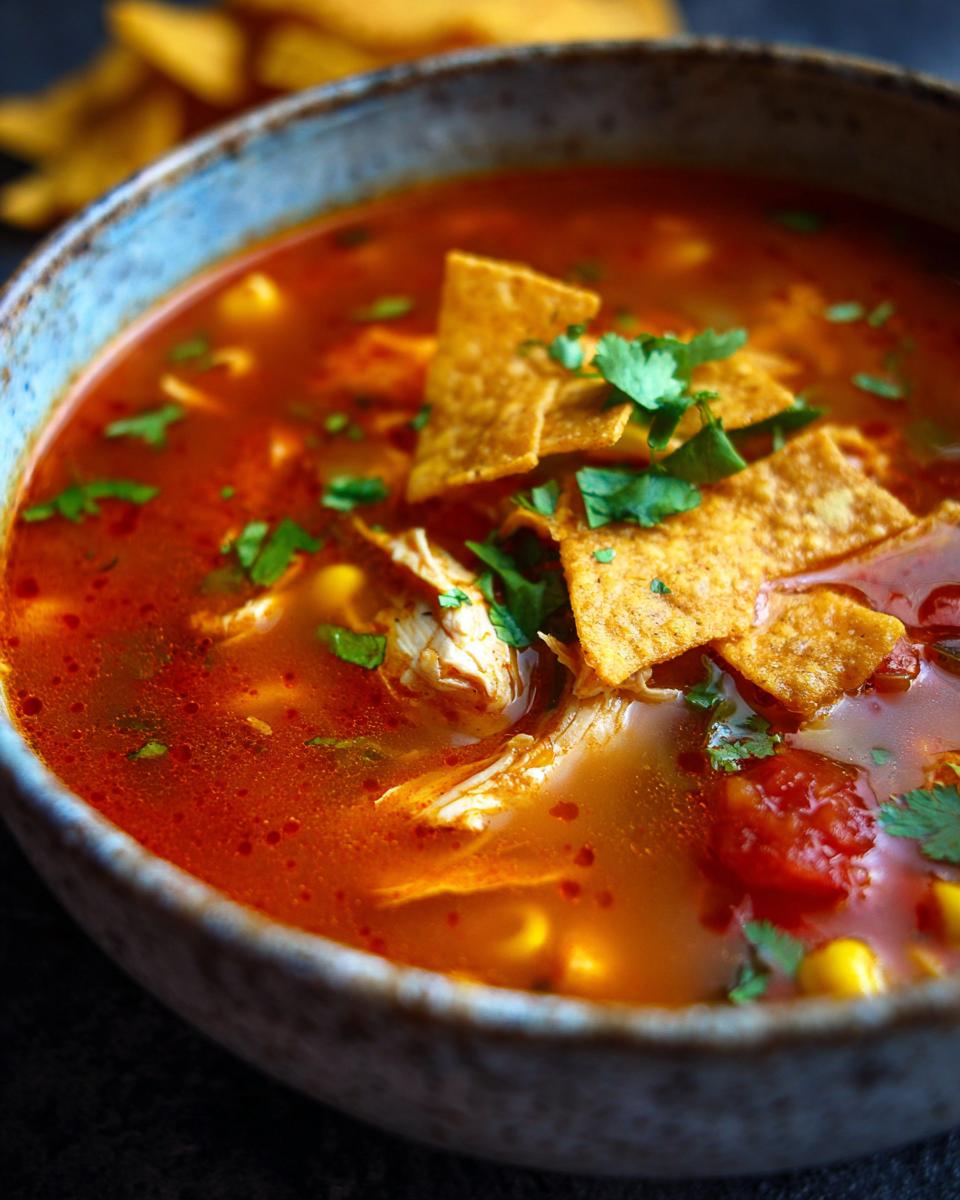 Close-up of a bowl of Chicken Tortilla Soup with tortilla chips and cilantro.