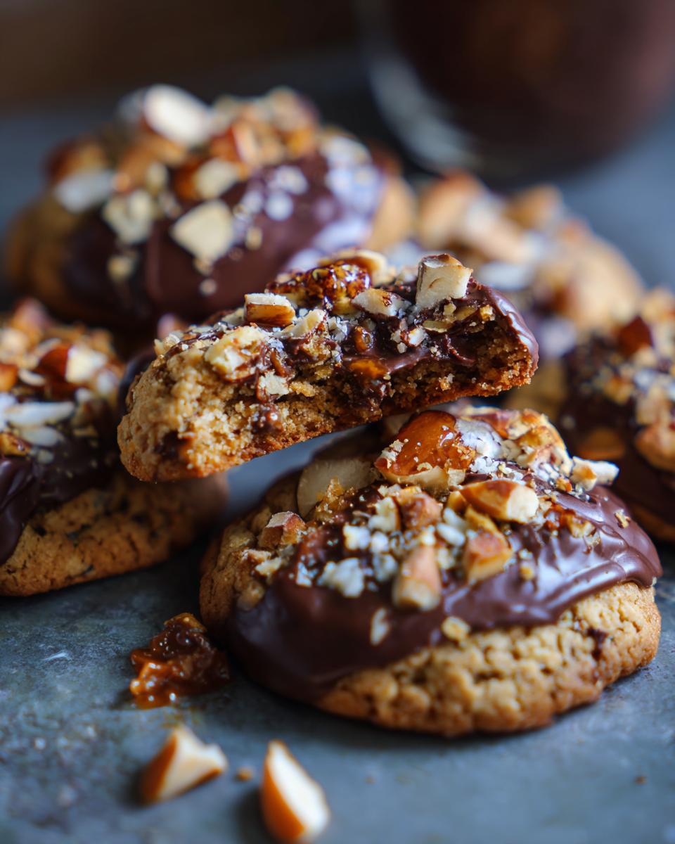 Close-up of Chocolate-Dipped Toffee Almond Cookies, showing the toffee and almond topping.