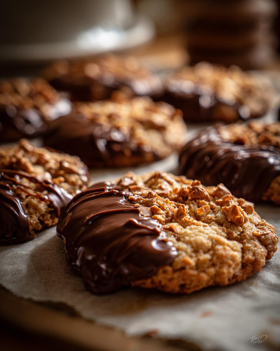 Close-up of freshly baked Chocolate-Dipped Toffee Almond Cookies on parchment paper.